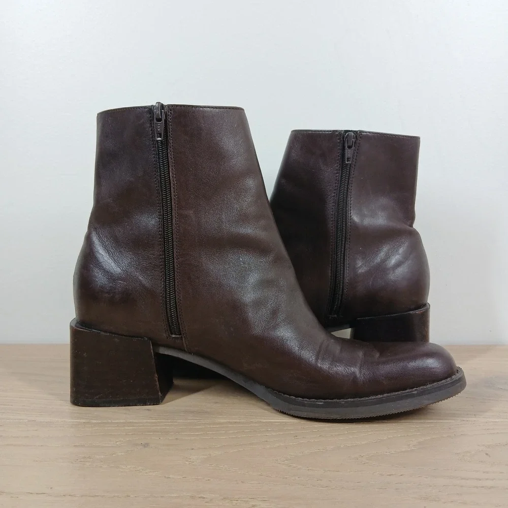 Enzo Angiolini Crisa Boots Women 8 Brown Leather Zip Block Heel Ankle